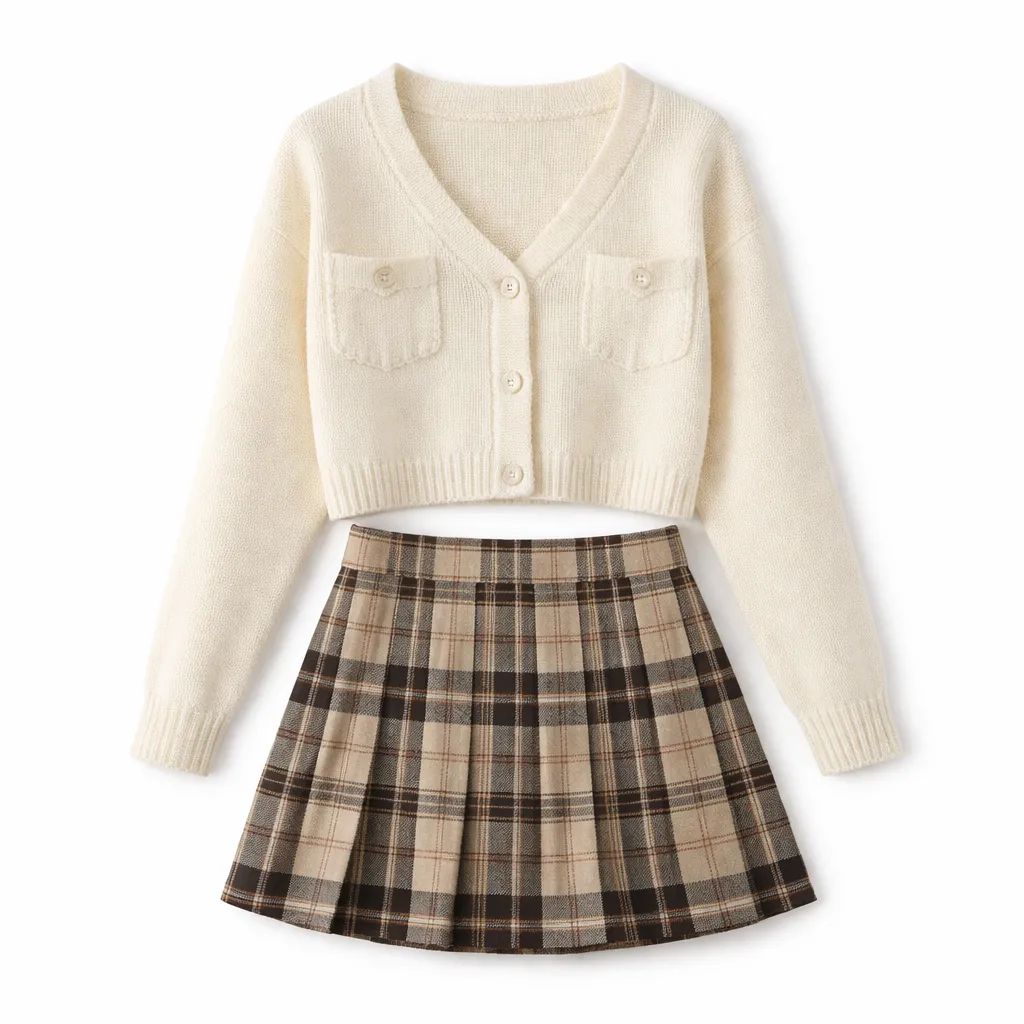 Cropped Cardigan & Plaid Mini Skirt